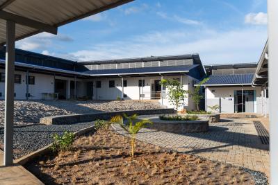 outside view of a hospital and courtyard