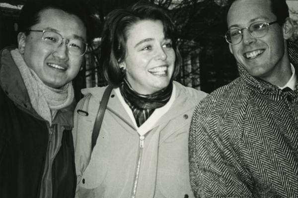 Black and white photo of Jim Kim, Ophelia Dahl, and Paul Farmer