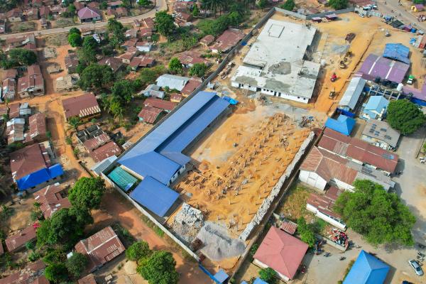 An aerial view of the ongoing construction of the Maternal Center of Excellence in Kono District, Sierra Leone. 