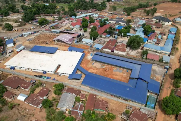 Aerial view of construction site in rural Sierra Leone