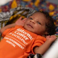 newborn lying in baby cot 
