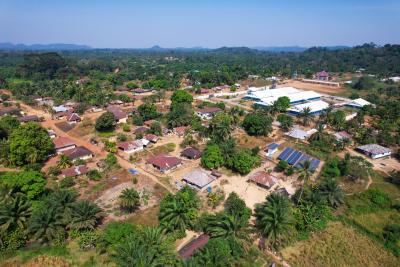 Arial shot of village in Kailahun district with health center